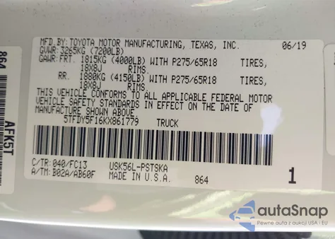 2019 Toyota Tundra Sr5 5.7L V8 z USA, uszkodzony, nr VIN 5TFDY5F16KX861779